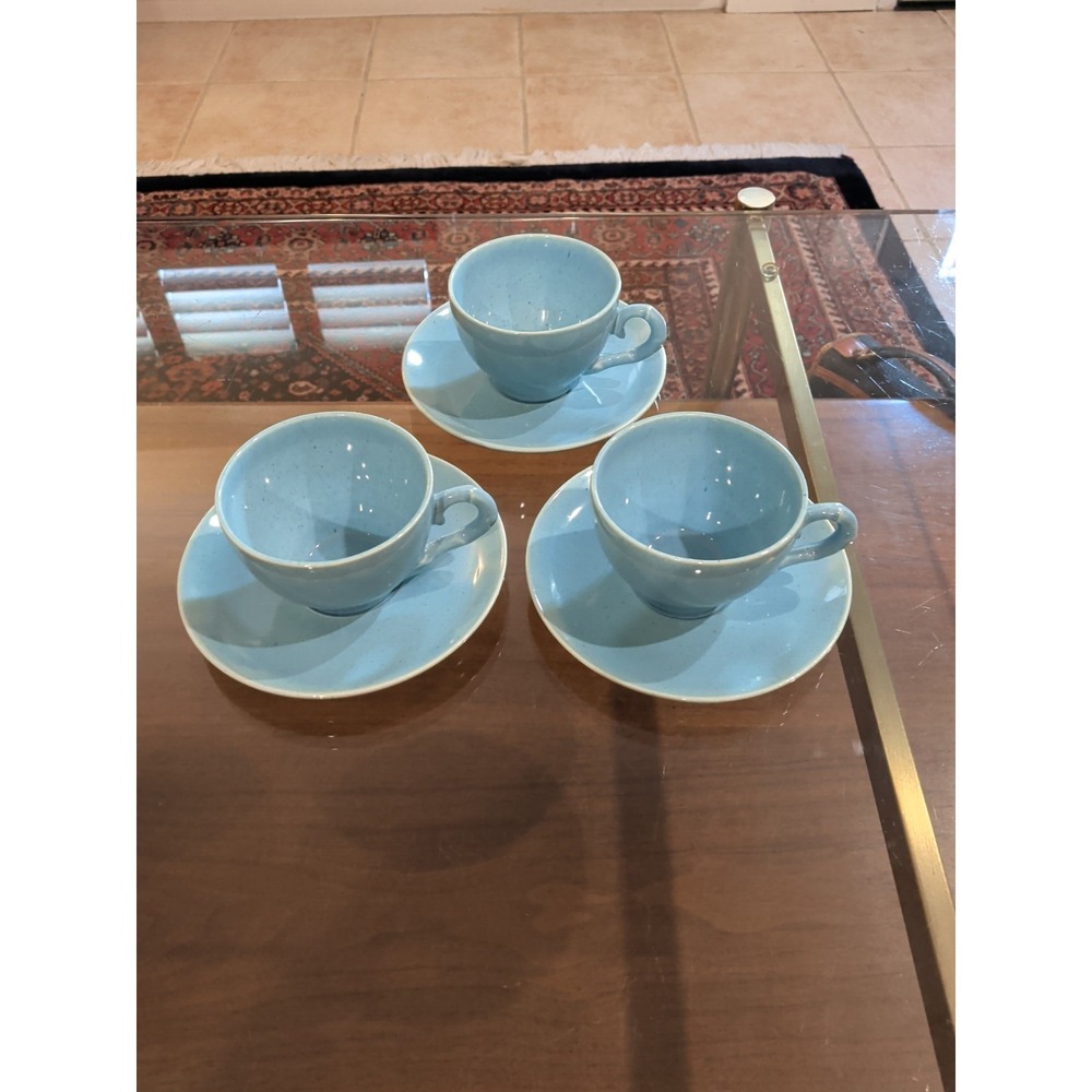 Set of 3 Poppytrail California Blue Cups & Saucers MCM Pottery,  Bamboo Handle